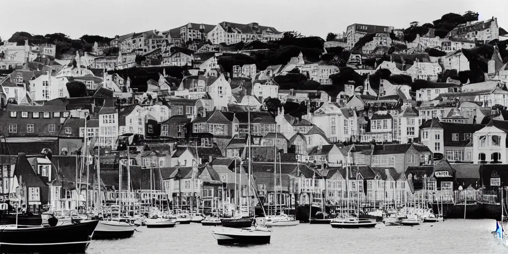 Prompt: a photograph of St Peter Port, Channel Islands, small houses, crowds, high contrast, black and white, by bill brandt