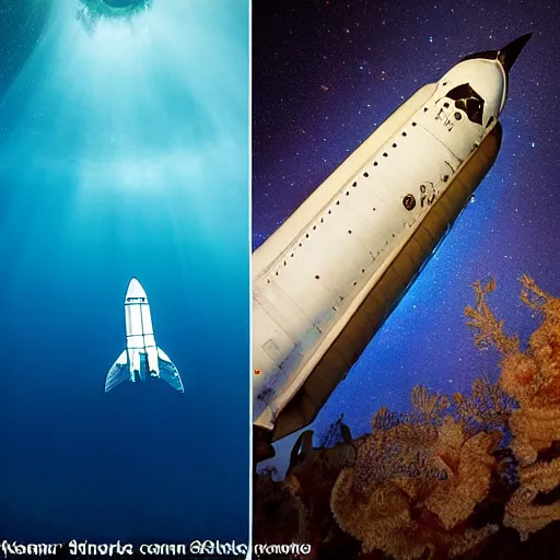 Prompt: dreamlike film photography of a 1880s art nouveau space shuttle made of concrete at night underwater in front of colourful underwater clouds by Kim Keever. In the foreground floats a seasnake. low shutter speed, 35mm