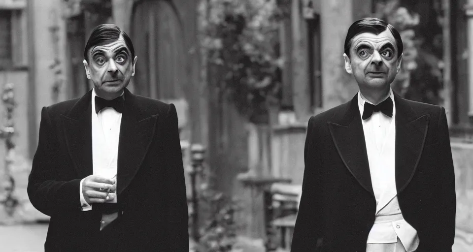 Prompt: Still image of Mr. Bean in The Godfather, cinematic, 40mm f/2.8, 35mm motion picture film