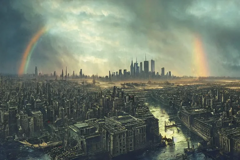 Prompt: A medieval reimaging of New York City after a post-apocalyptic event regresses society into a primitive middle age. No skyscrapers or cars are visible, but design elements from old New York remain. Post-apocalyptic, medieval New York. Golden hour with a dark stormy sky and rainbow. Very beautiful matte painting by Greg Rutkowski
