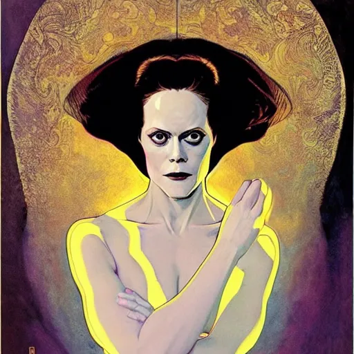 Prompt: portrait by joshua middleton of the young actress, sigourney weaver as ming the merciless, vamp, elegant, decadent, stylised comic art, klimt, mucha, 1 9 7 0 s poster,