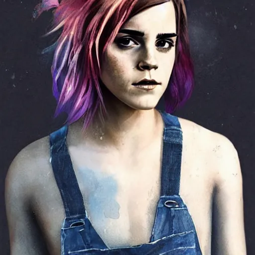 Prompt: realistic grungy emma watson with rainbow hair, soft eyes and narrow chin, dainty figure, long hair straight down, torn overalls, basic white background, side boob, symmetrical, single person, style of by Jordan Grimmer and greg rutkowski, crisp lines and color,