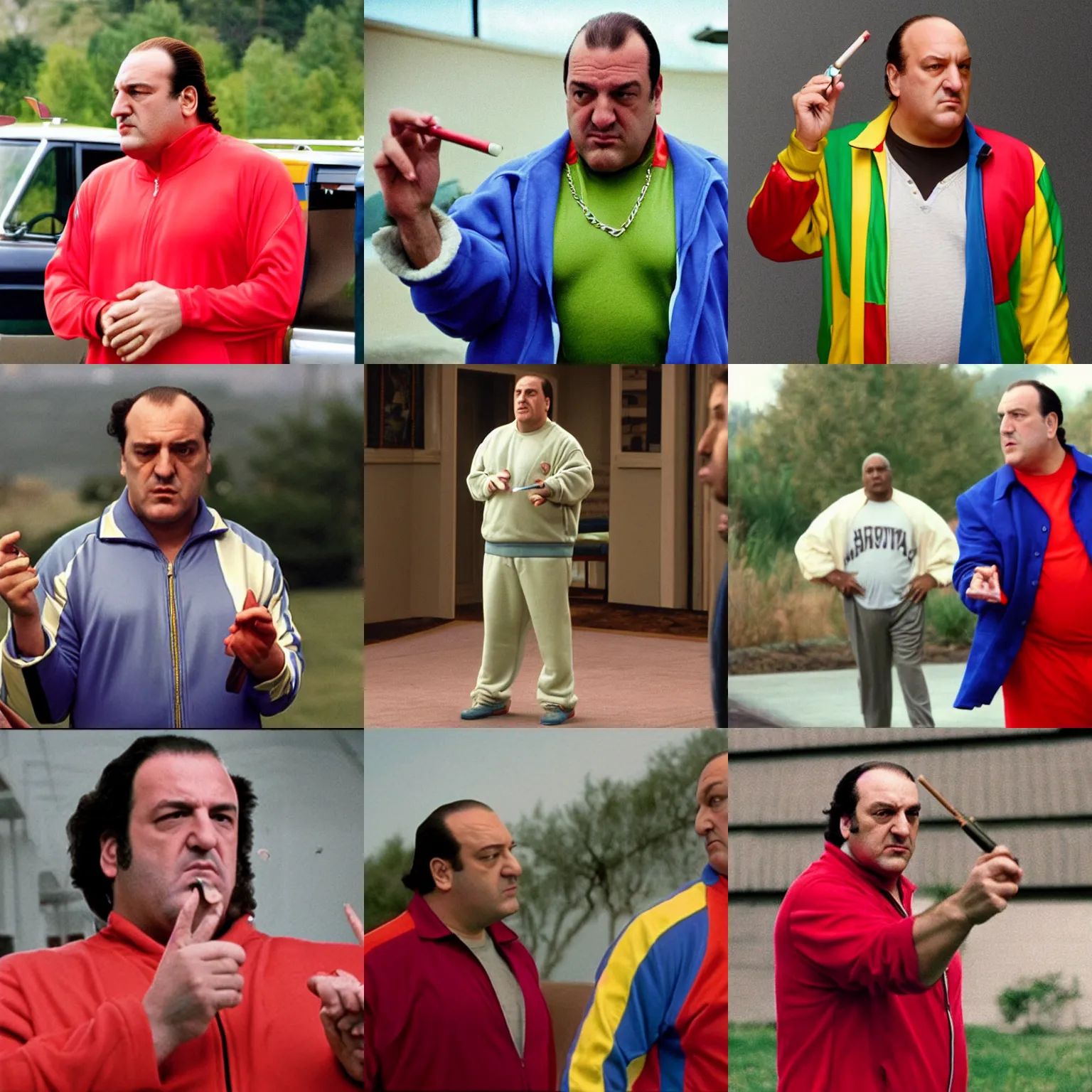 Prompt: tony soprano wearing colorful track suit smoking cigar pointing at someone