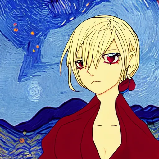 Prompt: the blonde vampire with the title kiss - shot acerola - orion heart - under - blade under a blue moon and red sky, background in the style of van gogh
