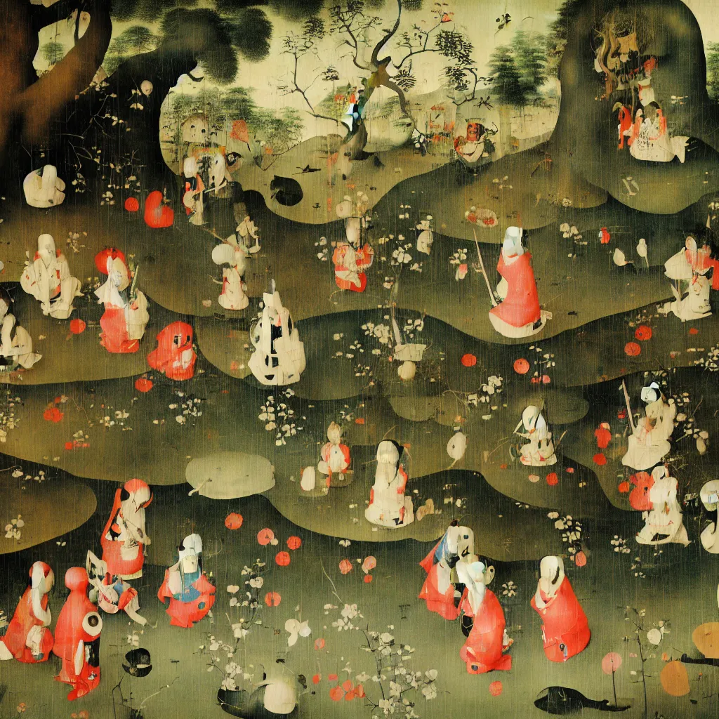 Image similar to Children playing in the Japanese Garden by Hieronymus Bosch and James Jean, Ross Tran, hypermaximalist, 8k, surreal oil painting, highly detailed, dream like, masterpiece