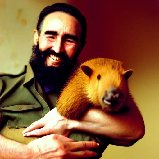 Prompt: photo of Fidel Castro smiling, holding his pet Capybara, 50mm