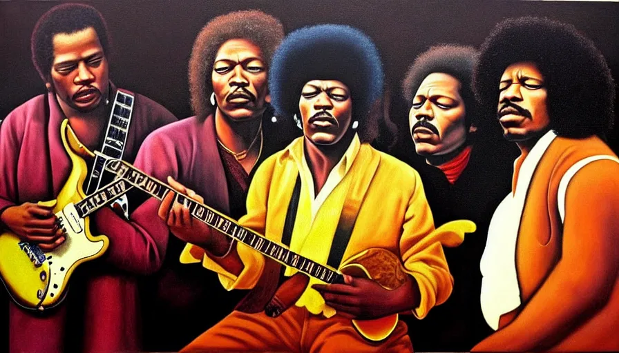 Image similar to photorealistic painting of tim maia, jimi hendrix and b. b king, with very highly detailed face, jamming with electric guitars, sitting on fluffy clouds. realism, beautiful, dramatic by grant wood, johannes vermeer and leonardo da vinci