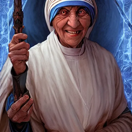 Image similar to Mother Teresa as a fantasy D&D character, art by Donato Giancola and Bayard Wu, digital art, trending on artstation, 4k