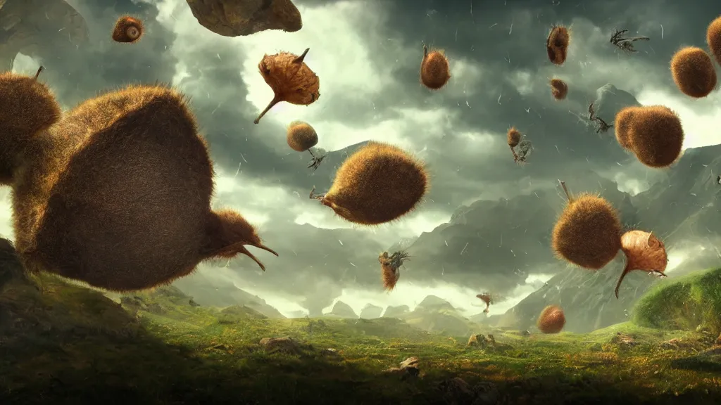 Image similar to giant kiwis falling from the sky, fantasy artwork, very very very beautiful scenery, hd, hdr, ue5, ue6, unreal engine 5, cinematic 4k wallpaper, 8k, ultra detailed, high resolution, artstation, award winning