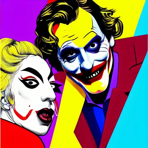 Image similar to richard hamilton and mimmo rottela as lady gaga harley queen and joaquin phoenix joker couple, pop art, 2 color, center, object details, dynamic composition, 4 k, ultra realistic art, smooth, sharp focus, illustration, concept art, intricate details, h 7 6 8