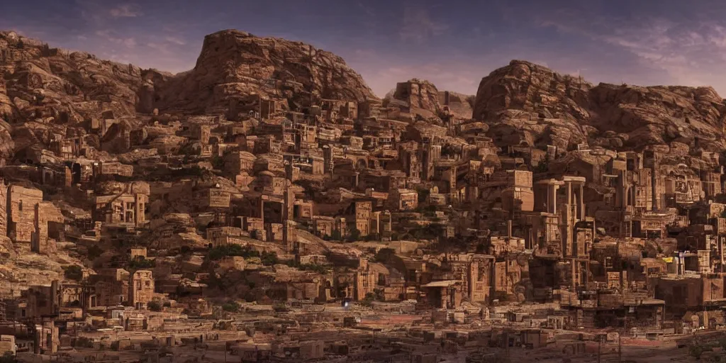 Prompt: a cyberpunk village with nabatean architecture