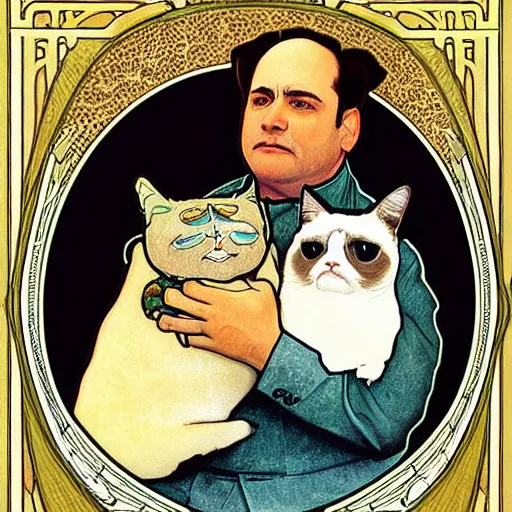 Prompt: “ portrait of george costanza from seinfeld holding grumpy cat, art nouveau, by alphonse mucha ”