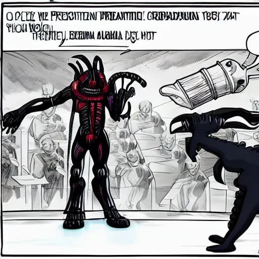 Image similar to anime of xenomorph in a presidential debate