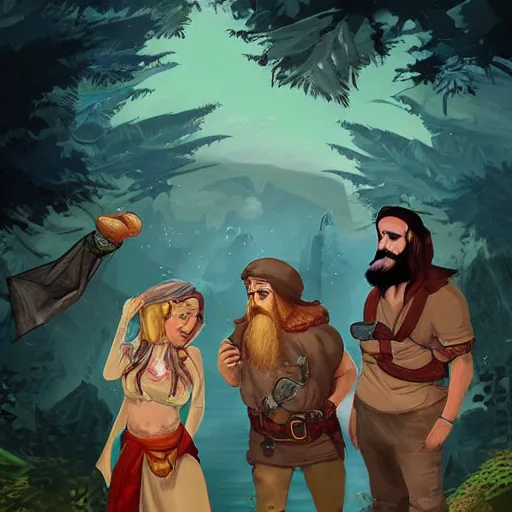 Image similar to Three adventurers - Liz (sorceress), Tim (bearded alchemist) and Farhan (dwarf-like man) exploring underground river with gems laying around | fantasy art