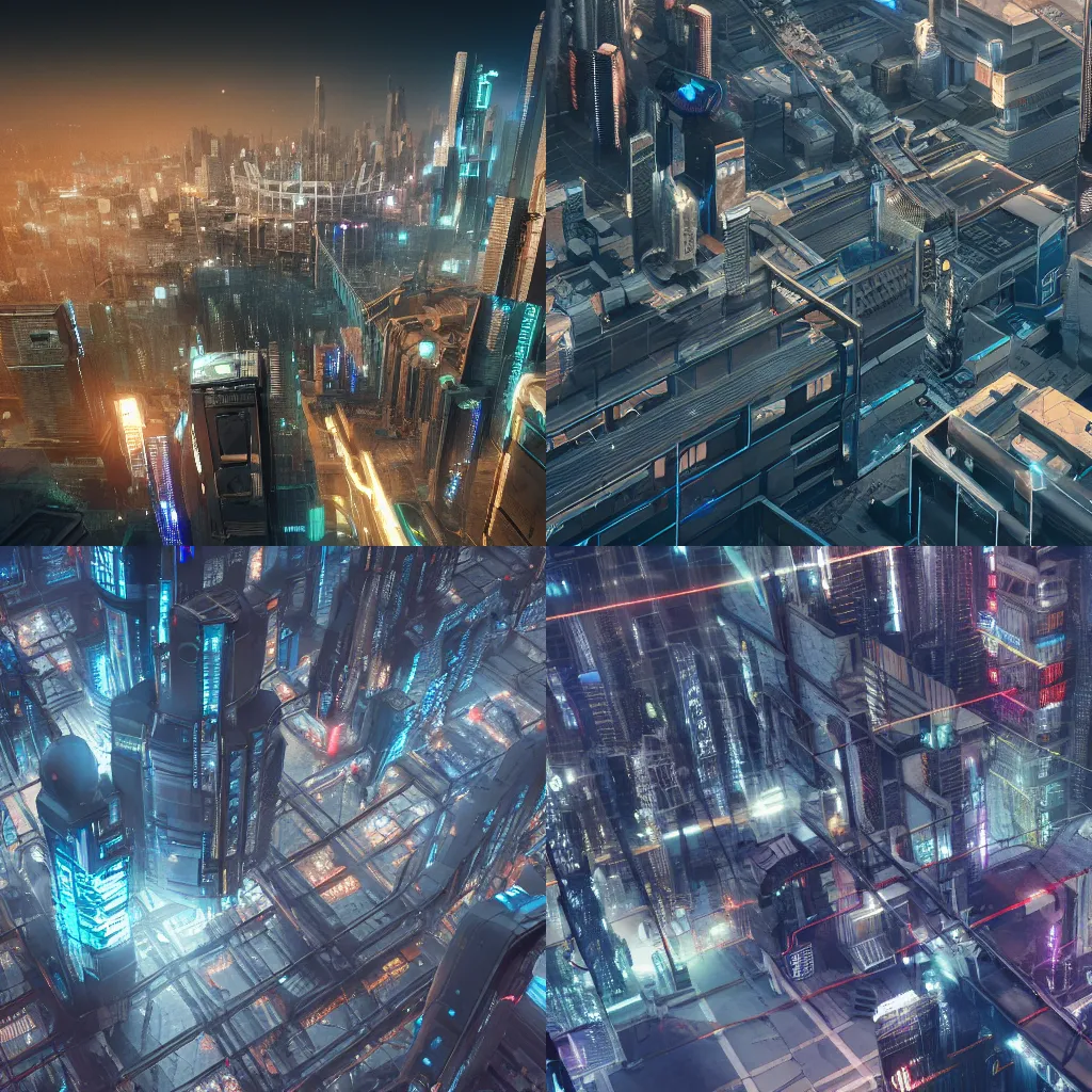 Prompt: a cyberpunk city built on big tree, aerial view, hyperrealism, 4k octane render, photorealistic concept art, highly detailed