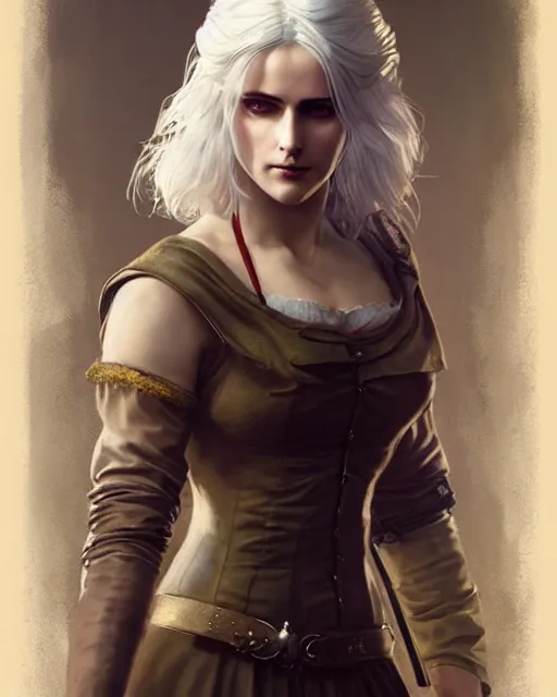 Image similar to Pre-Raphaelite Ciri from Witcher 3 by Artgerm and Greg Rutkowski, sharp focus, full body, intricate, elegant, highly detailed, digital painting, pale