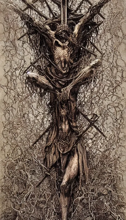 Image similar to Scorn themed painting of skeletal undead crucifixion concept, intricate artwork by H.R. Giger, Johnatan Wayshak, Zdizslaw Beksinski, Ayami Kojima, Amano, Karol Bak, Moebius, and Mark Brooks, Neo-Gothic, gothic, rich deep colors, art by Takato Yamamoto, masterpiece, face by Artgerm, very coherent artwork, cinematic, hyper realism, high detail, octane render, unreal engine, 8k, High contrast, golden ratio, trending on cgsociety
