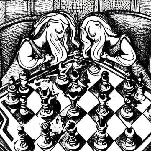 Prompt: Adam and Eve playing chess on a chessboard. Detailed pen and ink.