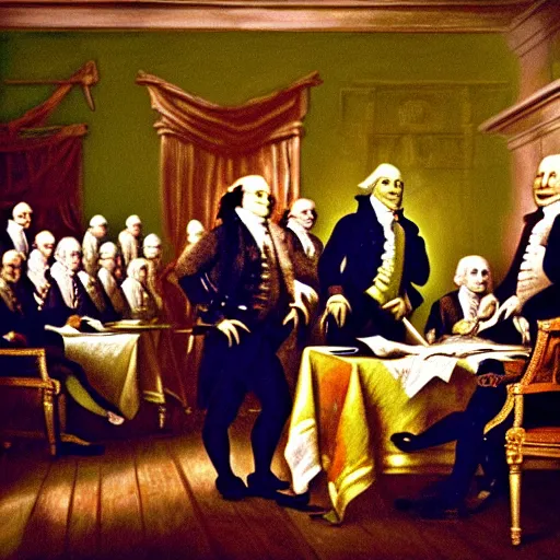 Image similar to shrek at the signing of the declaration of independence oil painting