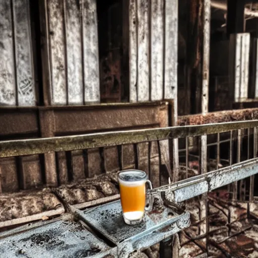 Image similar to bottle of milk, over a rusted metal table inside slaughterhouse