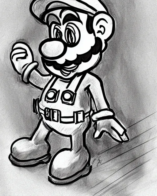 Image similar to super mario on the stand, court room sketch, fine details, concept art, extremely detailed, black and white, very sharp, in the style of elizabeth williams