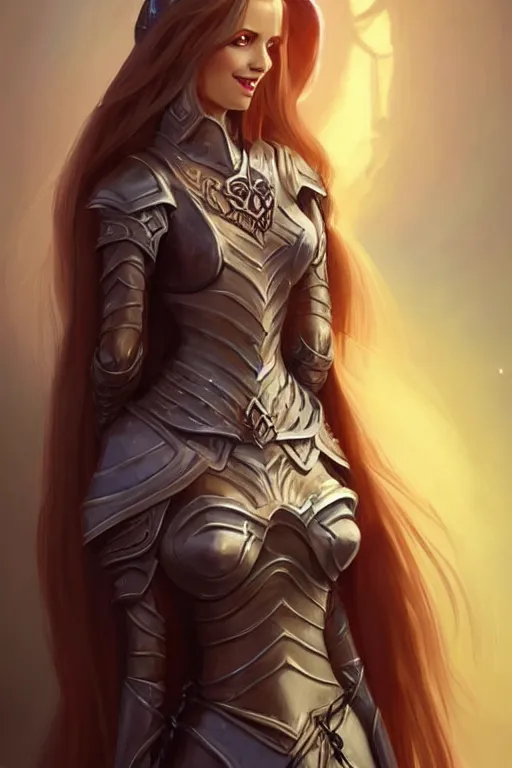 Prompt: a full body portrait of a gorgeous female paladin, D&D, choker on neck, stylish dress, very long flowing hair, intricate, elegant, stylish, cute slightly nerdy smile, mouth slightly open, fantasy, highly detailed, digital painting, artstation, concept art, smooth, sharp focus, illustration, art by artgerm and greg rutkowski and alphonse mucha