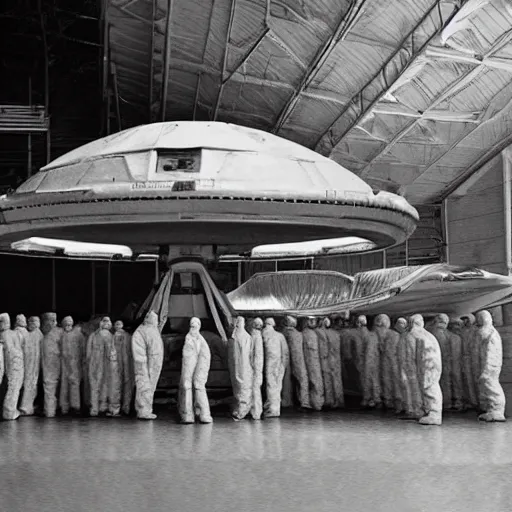 Image similar to dismantled ufo spaceship in hanger with people in hazmat suits standing around, grainy, vintage photo, sepia, old photo, realistic, detailed,