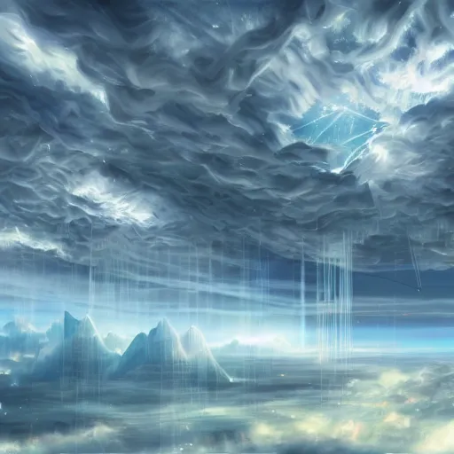 Image similar to this is a beautiful surreal scenery artwork from pixiv. it includes gigantic living inside network of cloud computing material, cloud buildings with internal computer infinites. god lighting, rays, sublimely cold color palette. insanely detailed, artstation!! pixiv!! infinitely detailed