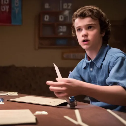 Image similar to professional photograph of will from stranger things playing dungeons and dragons, HD, 8K