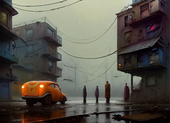 Image similar to waiting in line birthday cake, by simon stalenhag and gil elvgren and tom bagshaw and marc simonetti and quint buchholz and jan miense molenaer, slums, highly detailed, hyperrealism, dreary, cold, cloudy, grey, smog, high contrast, solarpunk, high saturation