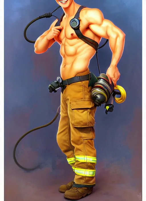 Image similar to cute chris mears firefighter, natural lighting, path traced, highly detailed, high quality, digital painting, by don bluth and ross tran and studio ghibli and alphonse mucha, artgerm