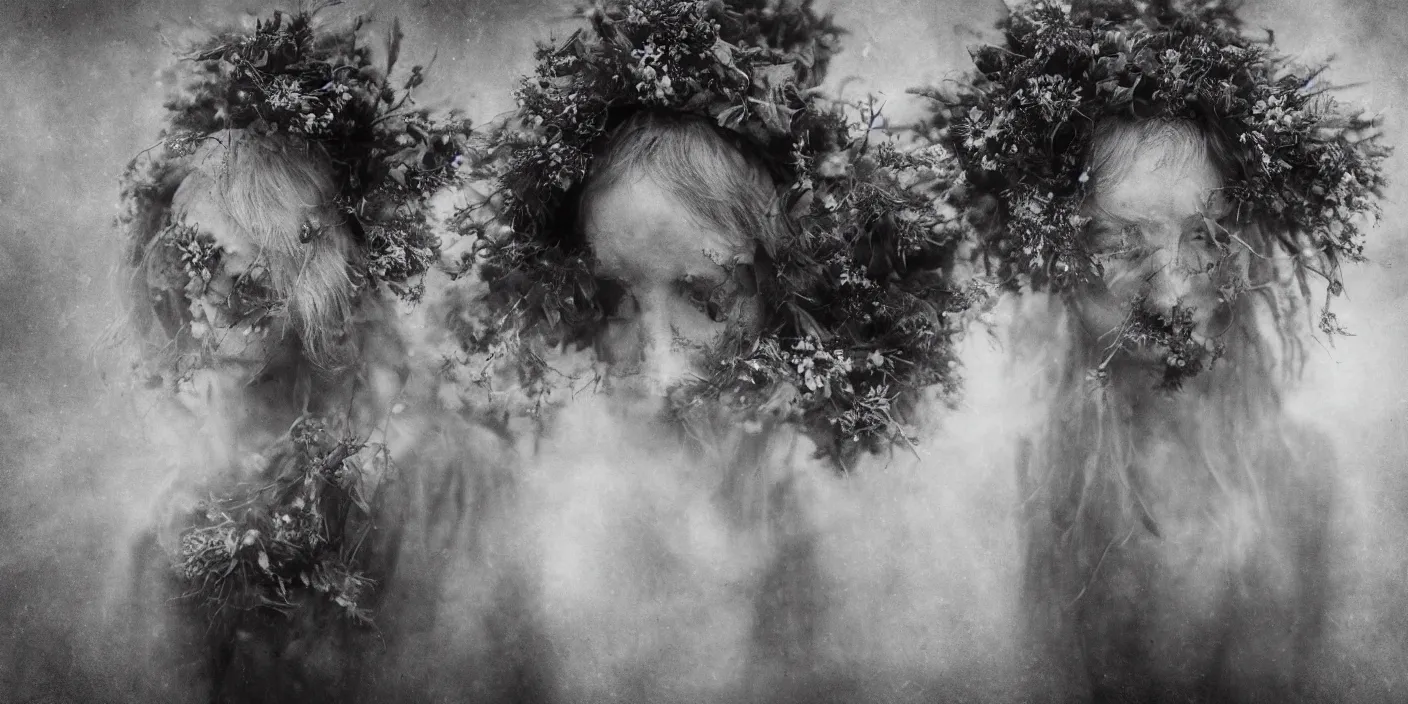 Prompt: alpine _ female farmers _ head _ being _ overgrown _ by _ edelweiss _, antlers on head, fog, witches, magic, dolomites _ dark _ black and white vintage photography _ eerie _ despair _ portrait _ photography _ artstation _ digital _ art _ adward _ winning