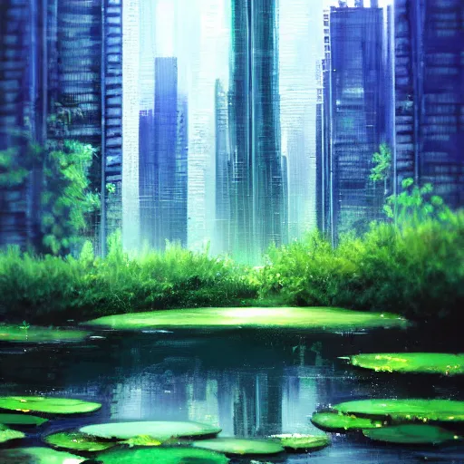 Prompt: A beautiful painting of a water lily pond in rain, skyscrapers in distance, Trending on artstation, cyberpunk