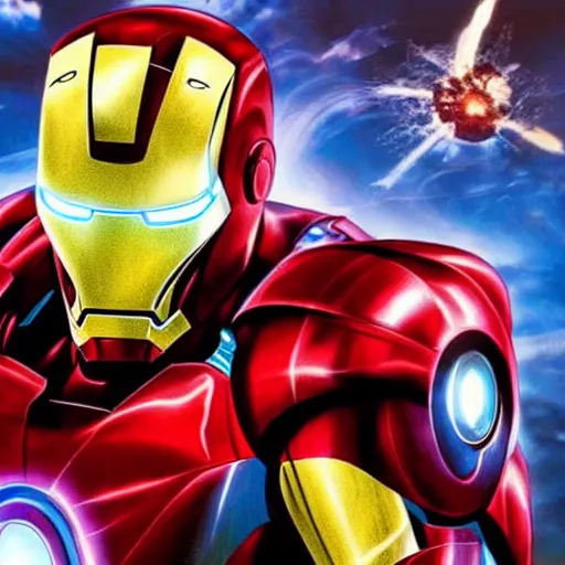 Image similar to marvel comic art, iron man, epic, explosions, fighter jets, popping out of the screen, 3 d illusion