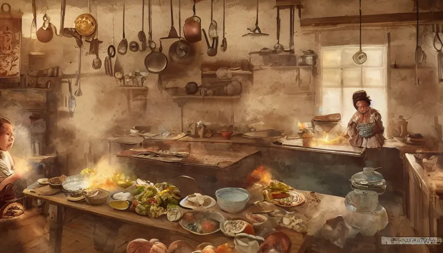 Prompt: babouchka cooking in old 1 9 0 0's wooden kitchen, pan and plates, hyperdetailed, artstation, cgsociety, 8 k