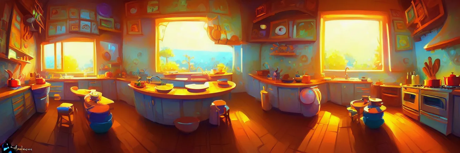 Image similar to fisheye spiral lines, naive nerikomi, weird perspective, extra narrow, detailed illustration of a kitchen dimly lit by rhads from lorax movie, trending artstation, true color