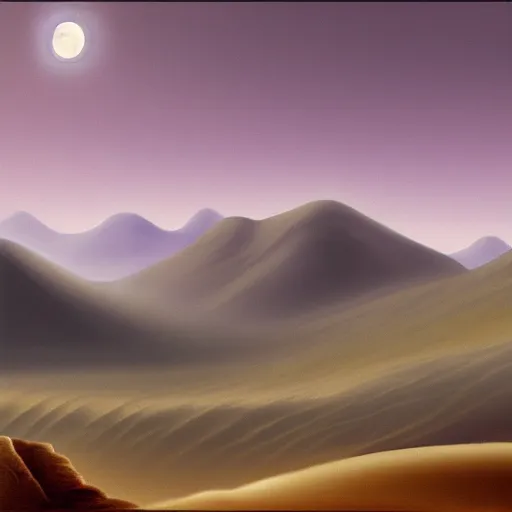 Image similar to matte painting oil impresionist mountainrange desert few clouds moonlight