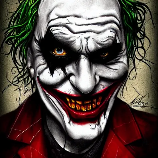 Prompt: surrealism grunge cartoon portrait sketch of The Joker by michael karcz, loony toons style, freddy krueger style, horror theme, detailed, elegant, intricate