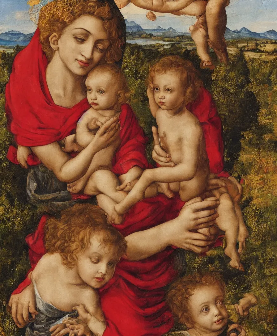 Prompt: Detailed Portrait of Madonna, with infant Jesus playin with thin long cross in the style of Raffael. Red curly hair, gloriole. They are sitting in a dried out meadow in Tuscany, red poppy in the field. On the horizon there is a blue lake with a town like florence and blue mountains alps. Golden Ratio. Flat perspective.