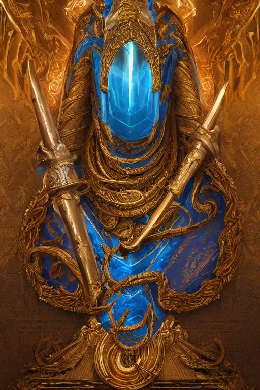 Image similar to fantasy greg rutkowski digital painting of an ornate and royal egyptian old twisted organic ornate engraved with gold wooden staff weapon with a radiant blue crystal on top tip hovering, unreal engine, hyper realism, realistic shading, cinematic composition, blender render, octane render, hdr, detailed textures, photorealistic, 3 5 mm film