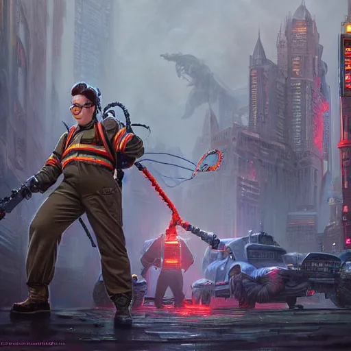Image similar to ghostbusters, highly detailed, d & d, fantasy, hyper detailed, digital painting, trending on artstation, apollo, concept art, sharp focus, illustration, art by artgerm and magali villeneuve and greg rutkowski and michael whelan, cryengine, 8 k realistic atmospheric lighting, frostbite 3 engine, w 1 0 2 4