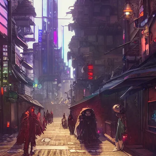 Image similar to Tlingit Maori cyberpunk city street scene by Greg Rutkowski, Alphonse Mucha, Anato Finnstark, and Studio Ghibli