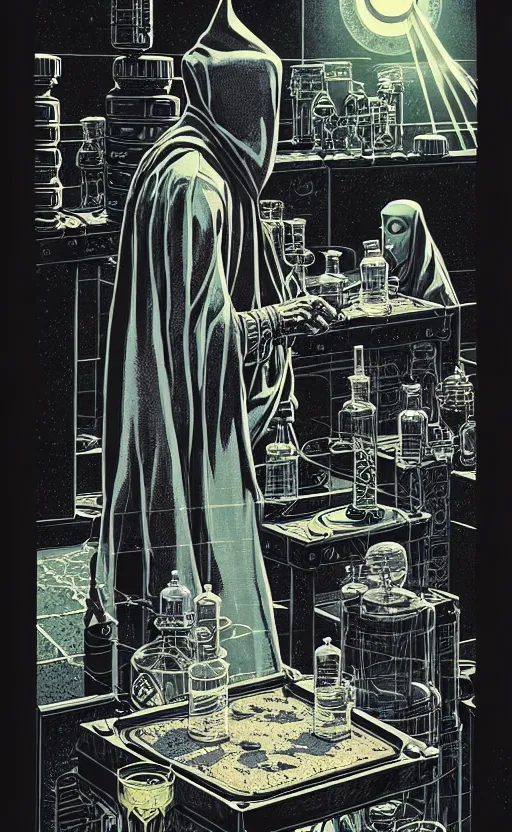 Prompt: ancient cloaked wizards mixing potions in his laboratory, high details, intricately detailed, by vincent di fate, inking, 3 color screen print, masterpiece, trending on artstation,, sharp, details, hyper - detailed, hd, 4 k, 8 k