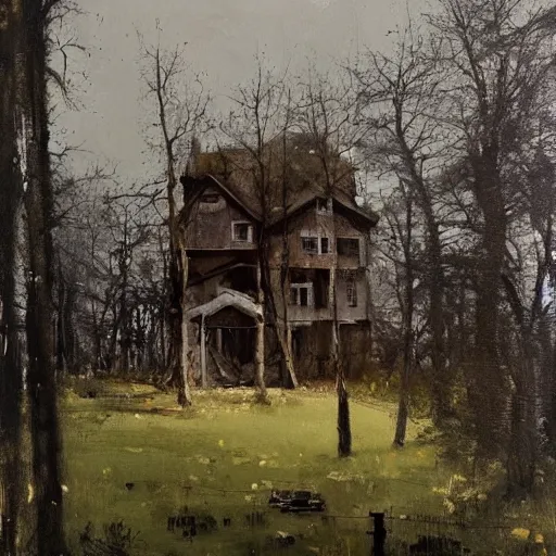 Image similar to painting by jakub rozalski of a house hanging on trees