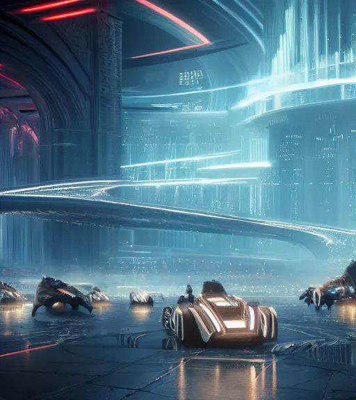 Prompt: tron legacy crowded race to the ancient and majestic tower of babylon destroyed, hyper realistic, ambient lighting, concept art, intricate, hyper detailed, trakovsky greatest scene, smooth, dynamic volumetric lighting, octane, raytrace, cinematic, high quality, high resolution, 4 k, cgsociety, rutkowski, gurney