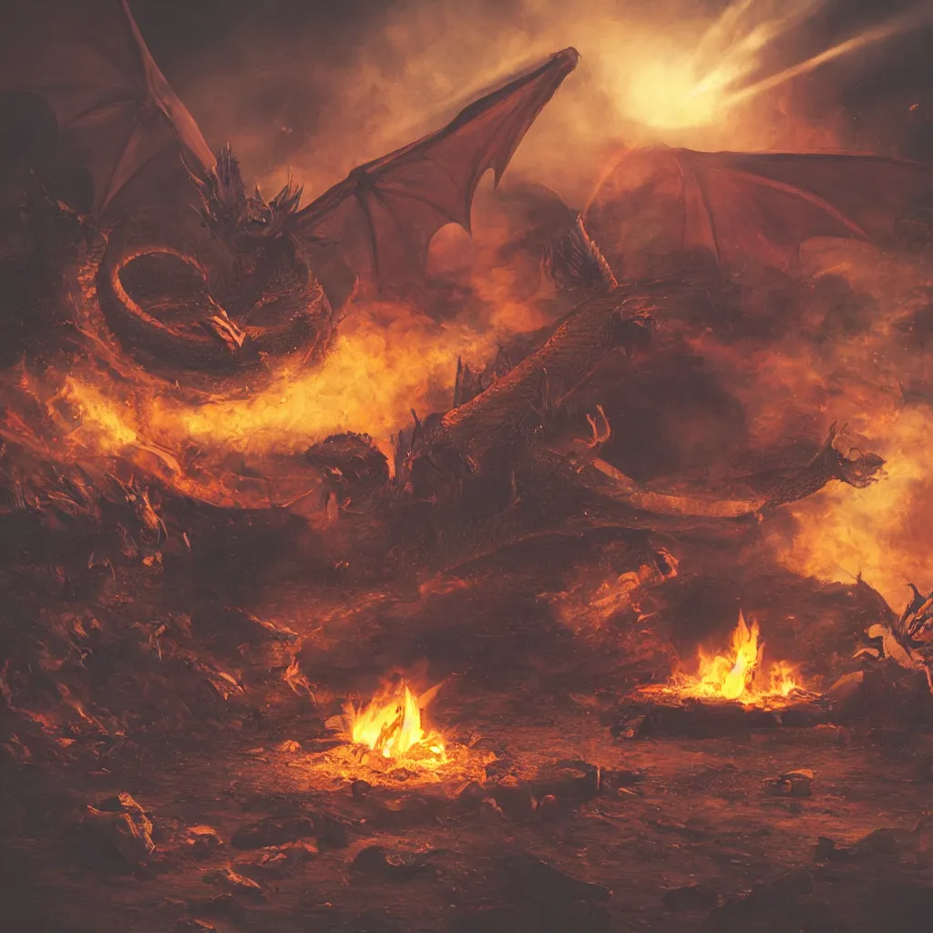 Prompt: a campfire, a dragon flying at background, dragon\'s eyes shining red/yellow seen by far at sky, people talking with each other, sun setting, and sea waves is slow