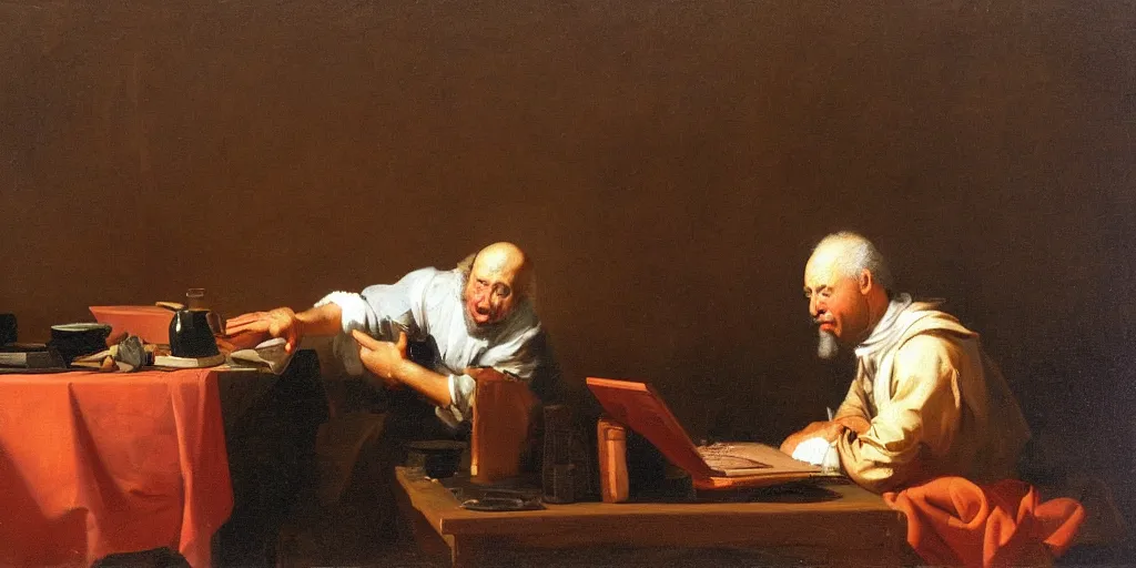Prompt: man yelling at his laptop, classic oil painting, oil on canvas, joseph ducreux, aged, worn