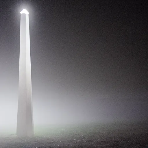 Image similar to magical glowing obelisk standing on a plain in the moonshine at night. foggy. eerie.