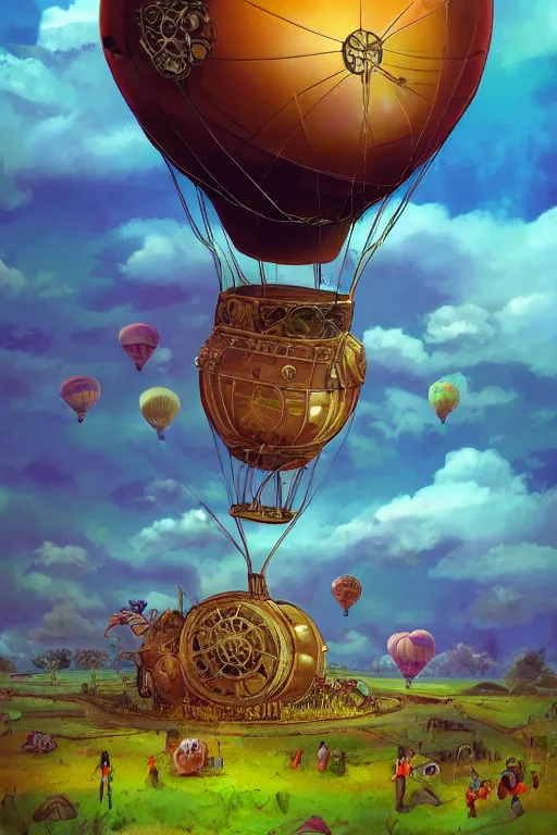 Prompt: one steampunk hot air balloon, digital artwork by ellerslie floating over a grassy lovely place known as teletubbyland, magical, brightsky, colorful, fantastic lighting, amazing details, 4 k uhd, illustration by hayao miyazaki artstation, pixiv, pixels