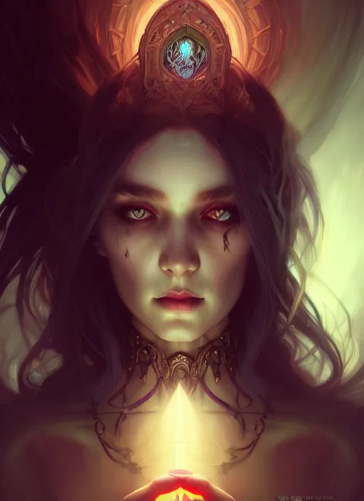 Image similar to Necromancer Sorceress, fantasy magic, undercut hairstyle, dark light night, intricate, elegant, sharp focus, illustration, highly detailed, digital painting, concept art, matte, art by WLOP and Artgerm and Greg Rutkowski and Alphonse Mucha, masterpiece